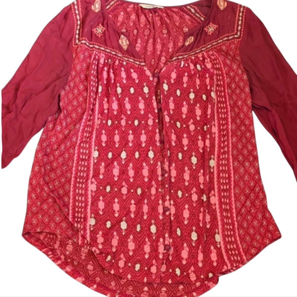 Lucky Brand Burgundy and Pink Boho Blouse